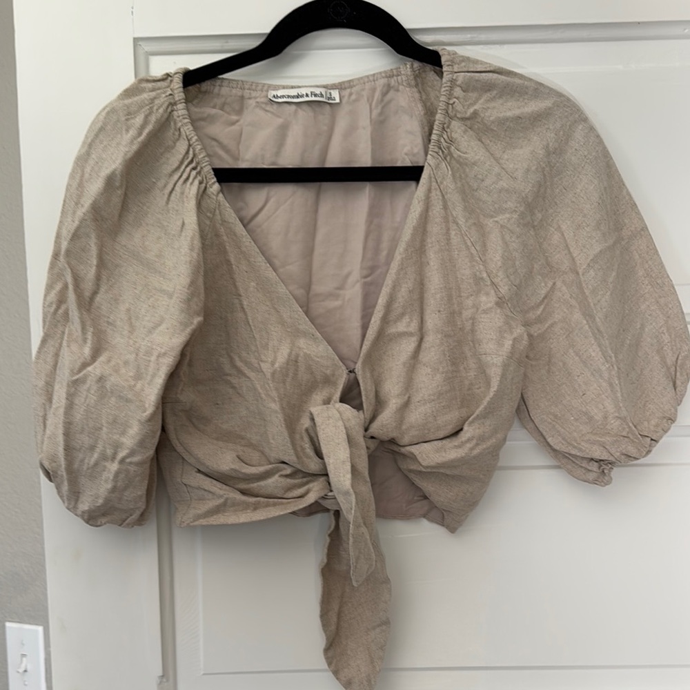 Beige Puff Sleeve Crop Tie-Front Top